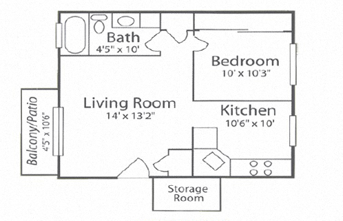 Floor plan for 1 bed, 1 bath, 600 sqft